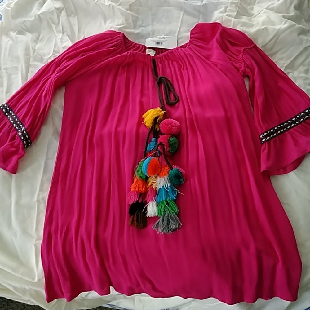 Fushia boutique shirt with colorful pom pom tassel
